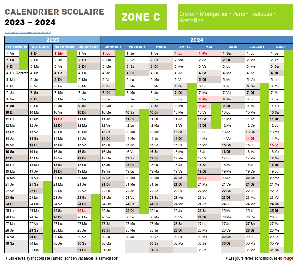 Calendrier Scolaire 2023-2024 ≡ Dates Officielles des vacances scolaires