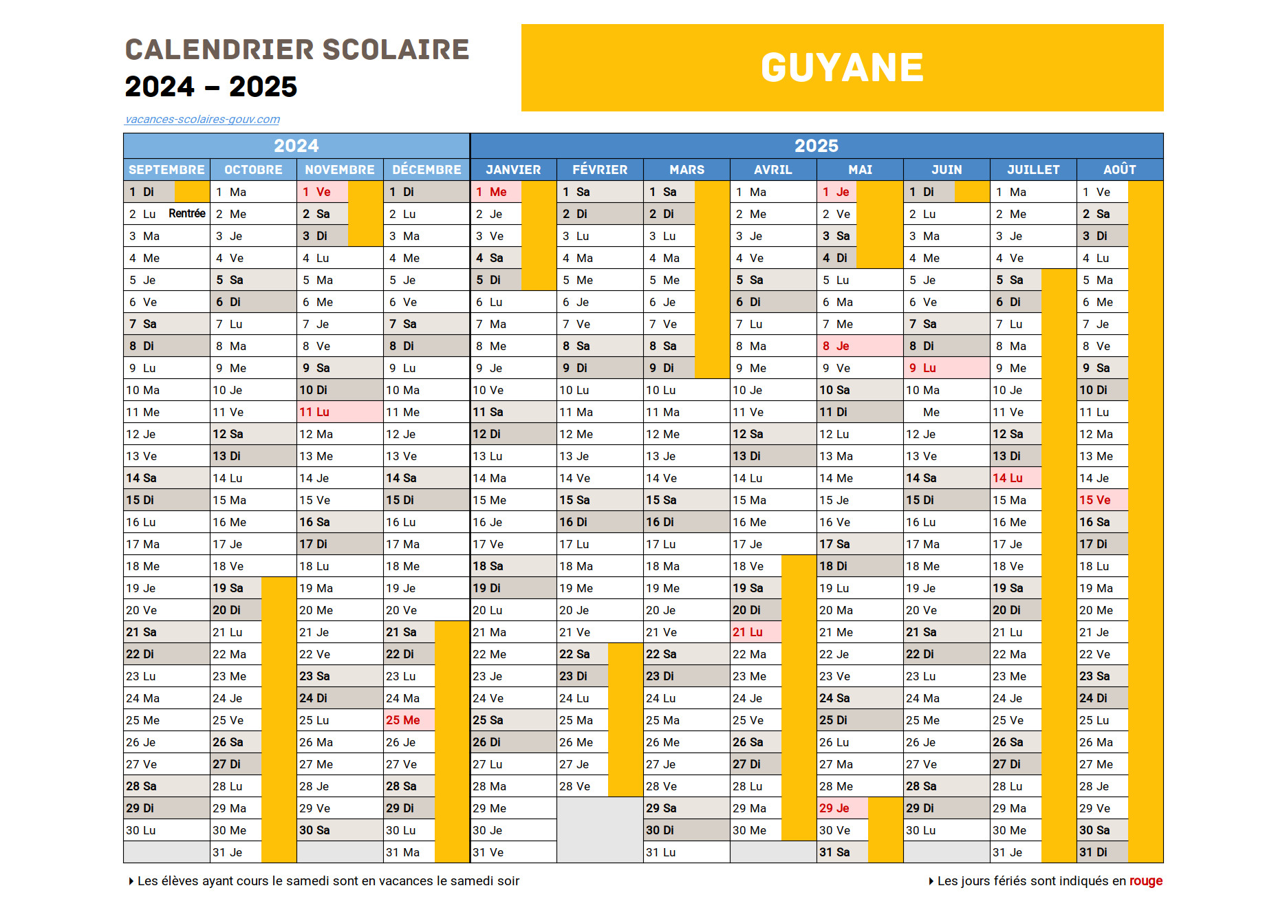 GUYANE • Calendrier Scolaire 20242025 Officiel + 2025 & 2026