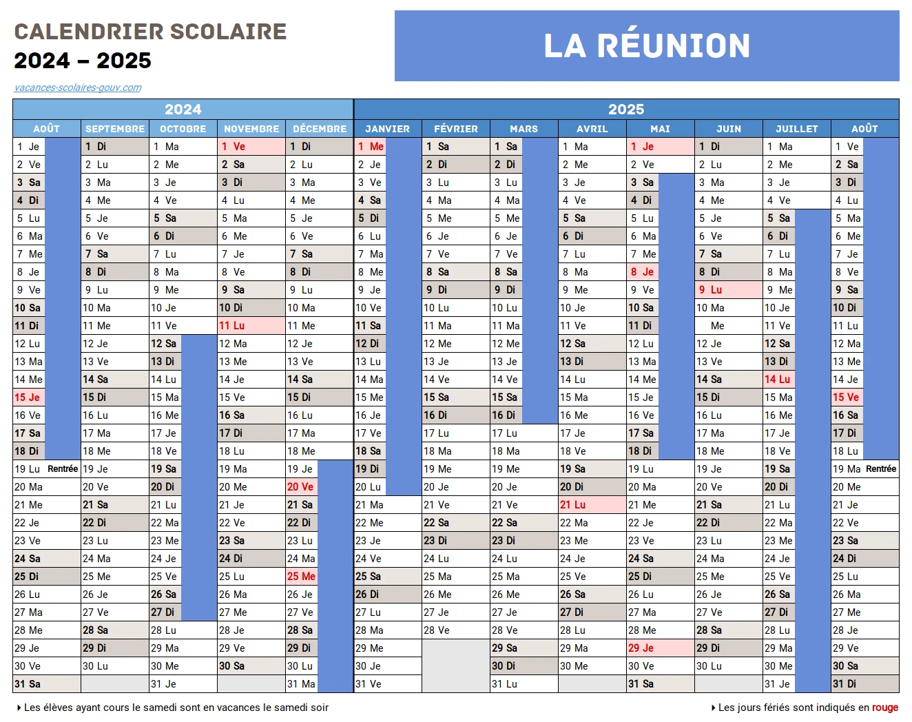 La RÉUNION • Calendrier Scolaire 2024-2025 Officiel + 2025 & 2026