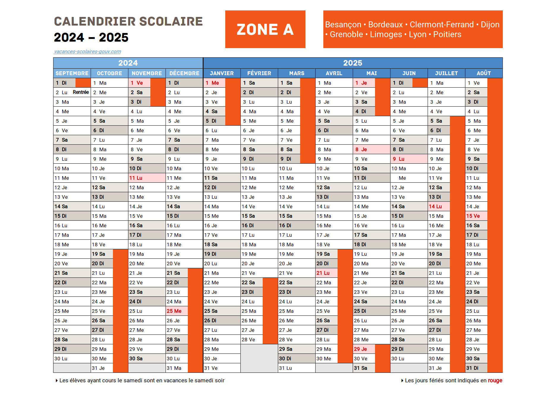 Vacances Scolaires 2024-2025 de la Zone C