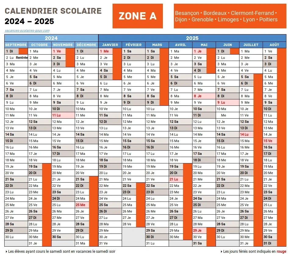Calendrier Scolaire 2024-2025 Saône-et-Loire