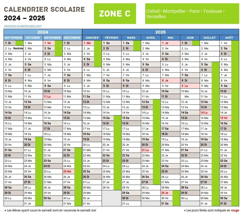 Calendrier Scolaire 2024-2025 ≡ Dates Officielles des vacances scolaires